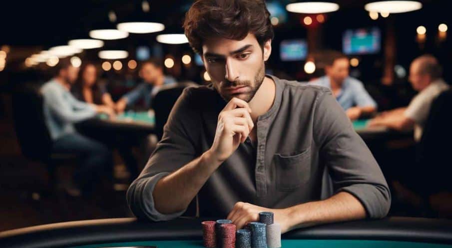 Krupni plan šake koja grabi poker žetone na elegantnom stolu dok reflektor osvetljava prostor.