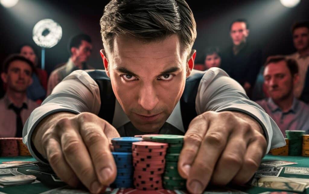 Muškarac odlu?no gura žetone na sredinu stola tokom partije pokera, dok ga publika posmatra iz pozadine