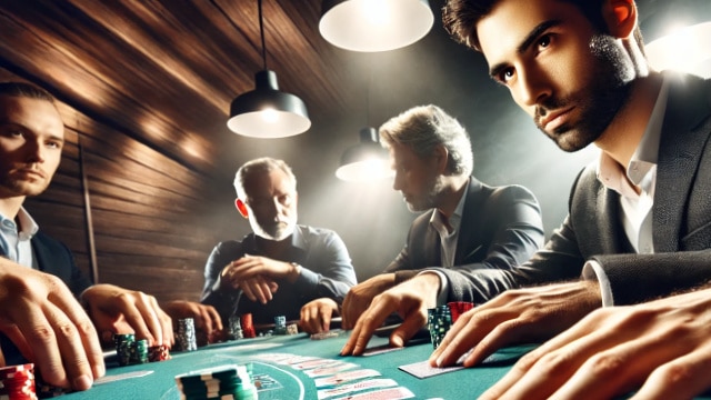 ?etvorica muškaraca okupljena oko poker stola; mladi? s bradom u prvom planu odlu?no drži ruke iznad žetona dok ostali pažljivo prate igru