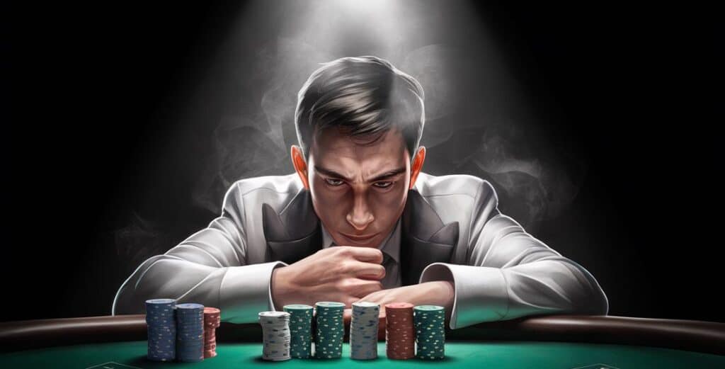 Muškarac u belom odelu usredsre?en na gomilu šarenih žetona dok reflektor iznad njega isti?e napetu atmosferu za poker stolom