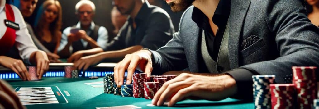 Muškarac u tamnom sakou re?a gomile crvenih i plavih žetona tokom partije pokera, dok publika u pozadini prati igru