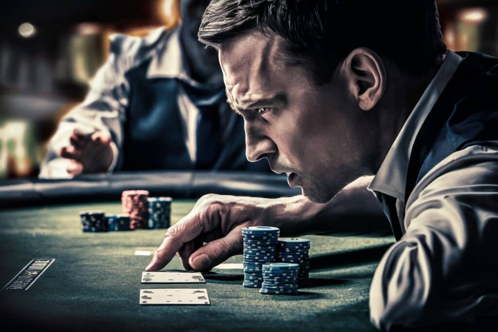 Muškarac koncentrisan za poker stolom dok proverava karte i ?ipove, naglašavaju?i takti?ki aspekt igre.