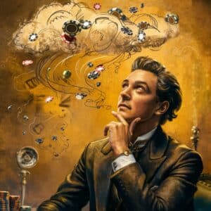 Muškarac u retro stilu zamišljeno gleda u lebde?e poker žetone, simbolizuju?i kreativno razmišljanje o strategiji.