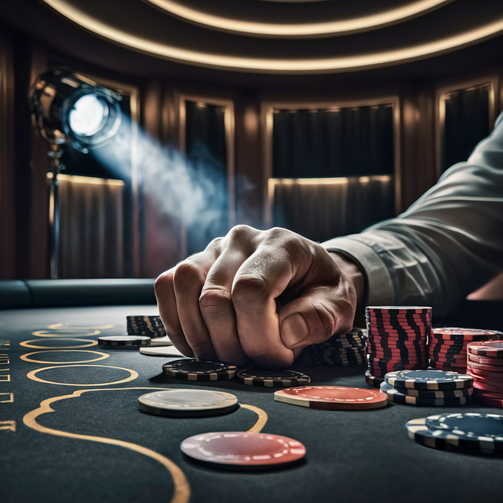 Krupni plan šake koja grabi poker žetone na elegantnom stolu dok reflektor osvetljava prostor.