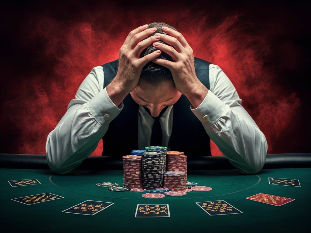 Muškarac u beloj košulji i prsluku, drži se za glavu nad gomilom poker žetona, dok crvena pozadina simbolizuje stres ili neuspeh