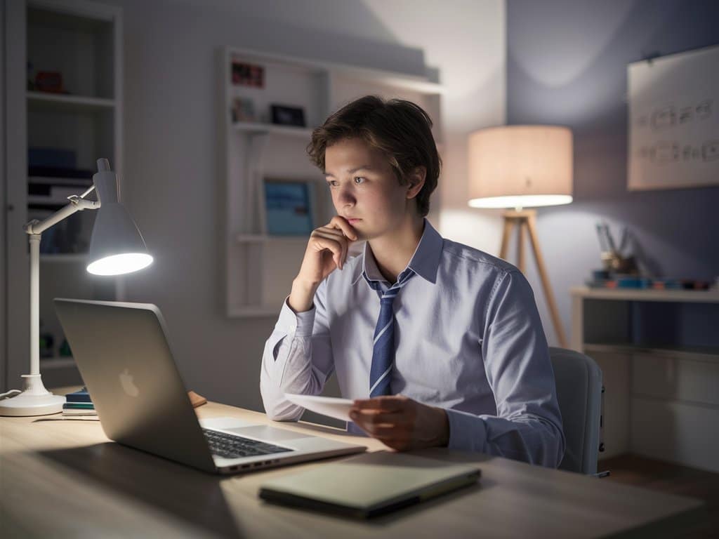 Mladi? za radnim stolom, zamišljeno gleda u dokument dok radi na laptopu u ku?nom okruženju
