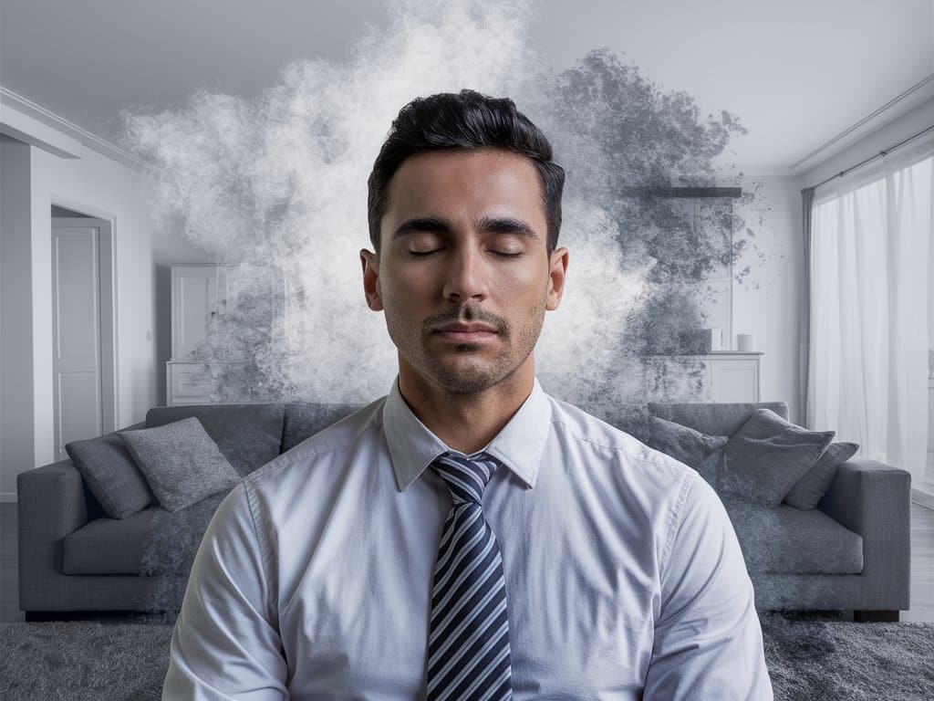 Muškarac u košulji i kravati zatvorenih o?iju, dok oblak dima ili prašine lebdi iza njega, prikazuju?i trenutak meditacije ili olakšanja