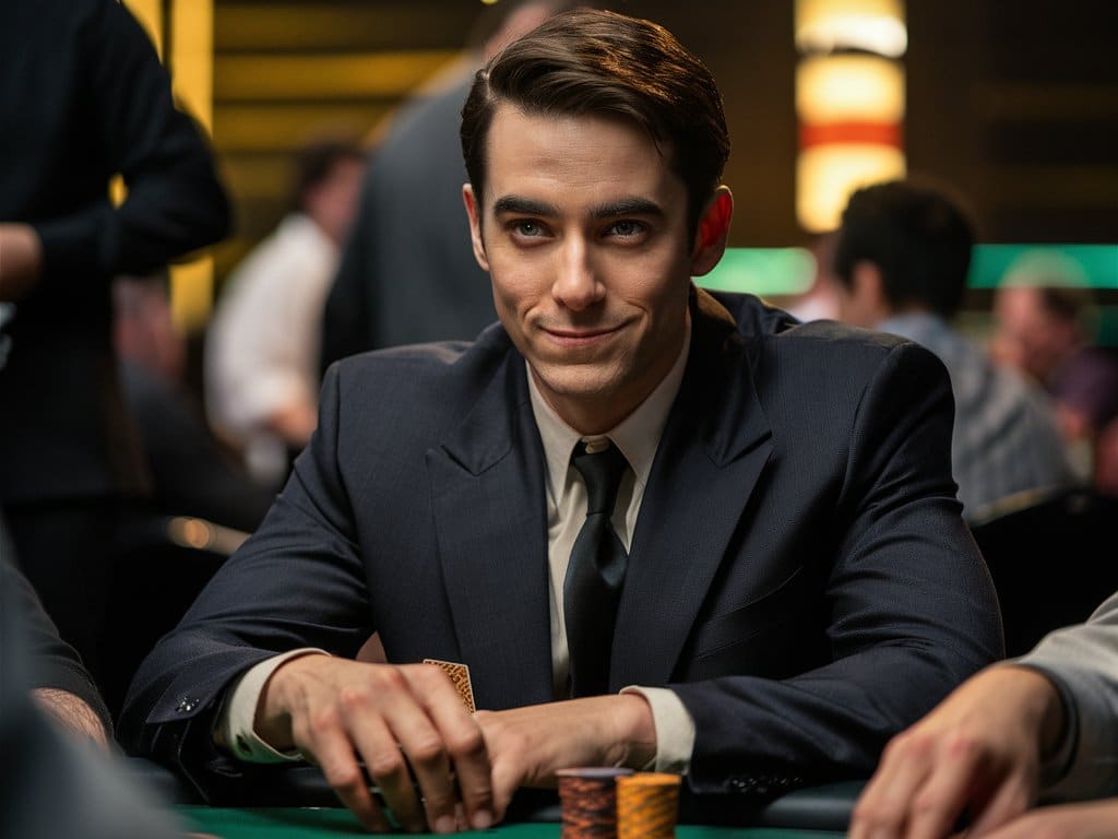 Muškarac u odelu sedi za poker stolom, samouvereno se osmehuju?i, sa žetonima i kartama ispred sebe
