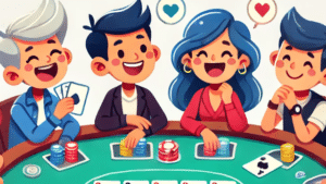 Grupa nasmejanih crtanih likova okupljena oko poker stola, gde svi uživaju u igri i dele žetone