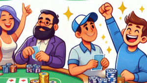 Raznolika ekipa animiranih igra?a za poker stolom; muškarac s bradom u sakou, igra? u ka?ketu i drugi likovi slave svoje karte