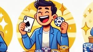Nasmejani lik u plavom sakou drži kartu pik dvojku i žeton, okružen šarenim žetonima koji isti?u pobedni?ki momenat.