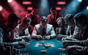 Grupa igra?a u odelima okupljena oko poker stola; glavni igra? u belom odelu fokusiran je na gomilu žetona