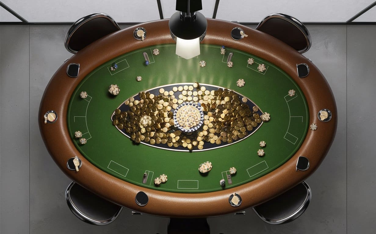  Pogled odozgo na luksuzni poker sto prekriven zlatnim nov?i?ima i žetonima.