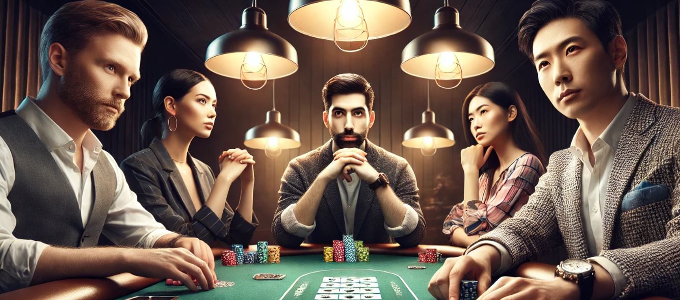 Grupa ozbiljnih pokeraša sede za stolom pod vise?im lampama, fokusirani na igru.