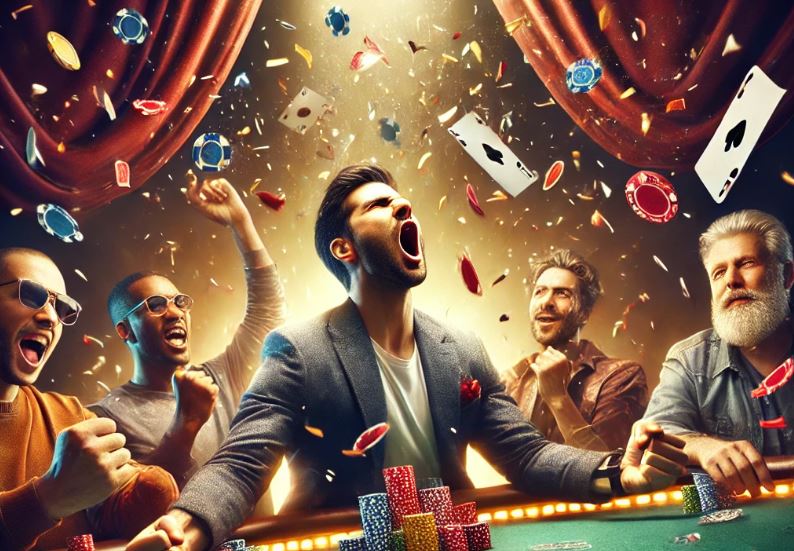 Uzbu?eni igra?i slave pobedu za poker stolom dok karte i žetoni lete kroz vazduh.