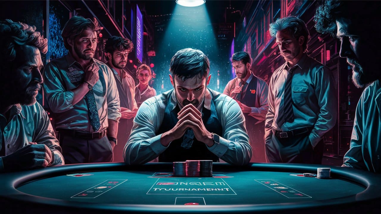 Muškarac u centru poker stola sedi duboko zamišljen s prstima skupljenim ispred lica, dok ga ostali igra?i okružuju pod reflektorom turnira.