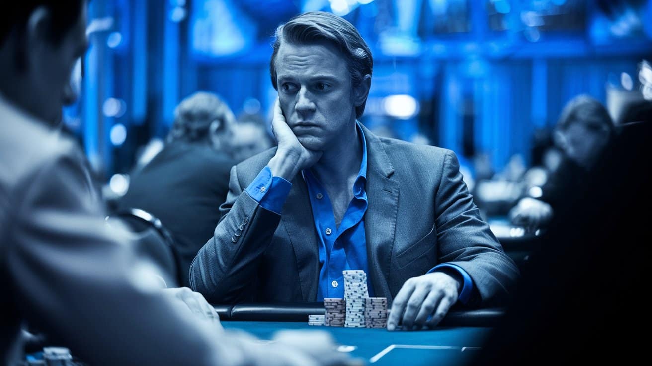 Zabrinut poker igra? sedi za stolom u plavoj atmosferi, zamišljen i fokusiran.
