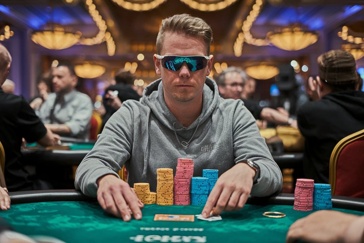 Poker igra? u sivoj dukserici i nao?arima za sunce sedi za stolom sa velikom koli?inom ?ipova ispred sebe.