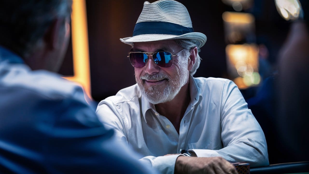 Stariji muškarac s belom bradom i šeširom, nasmejano posmatra sagovornika preko poker stola, nose?i tamne nao?are