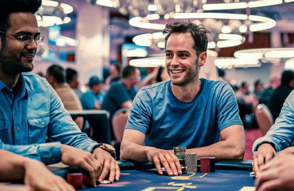 Nasmejan mladi? u plavoj majici sedi za poker stolom, drže?i šarene žetone, dok mu se suigra?i nalaze u pozadini