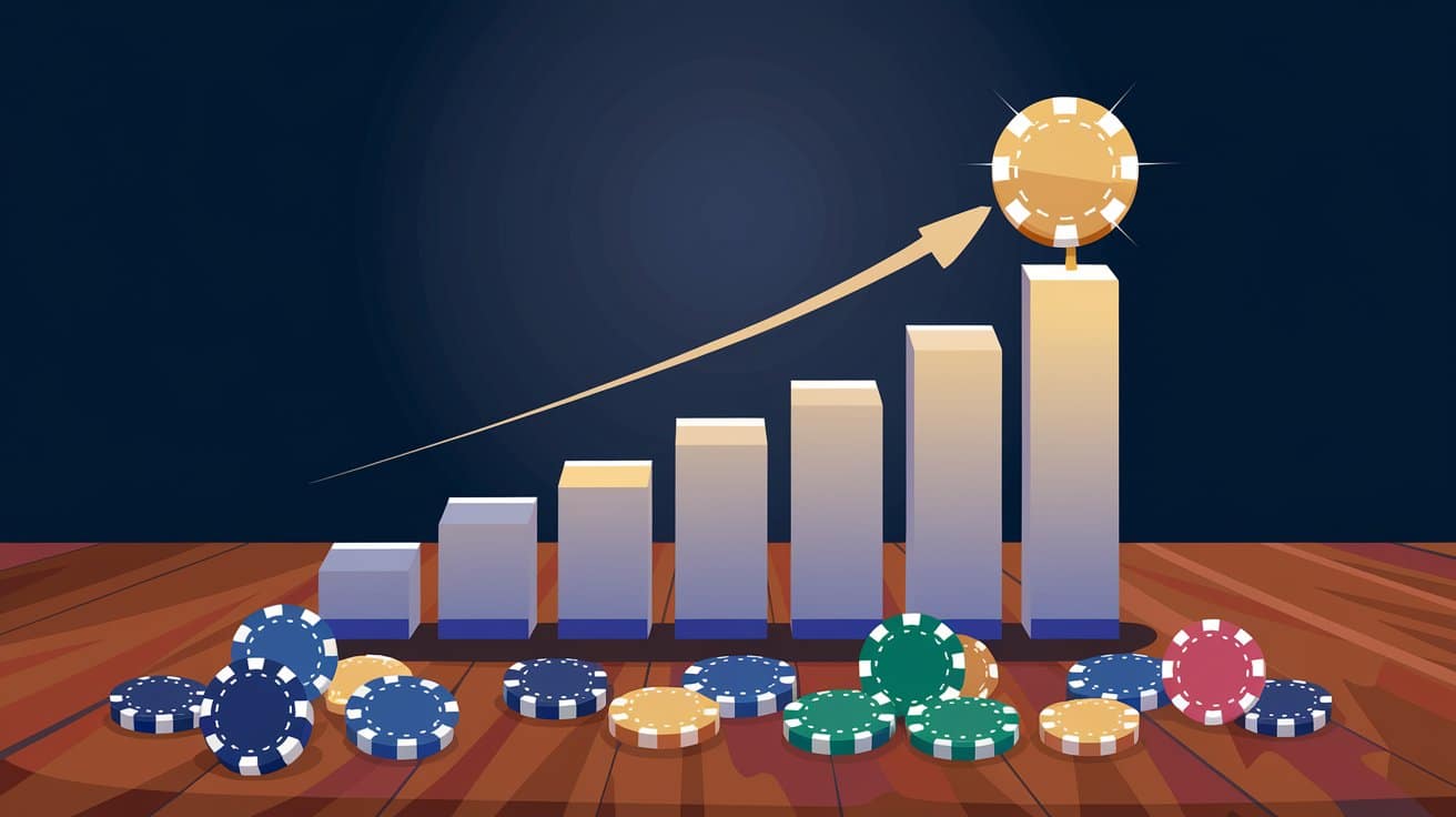 Grafikon sa žetonom na vrhu koji prikazuje rast profita u pokeru tokom vremena.