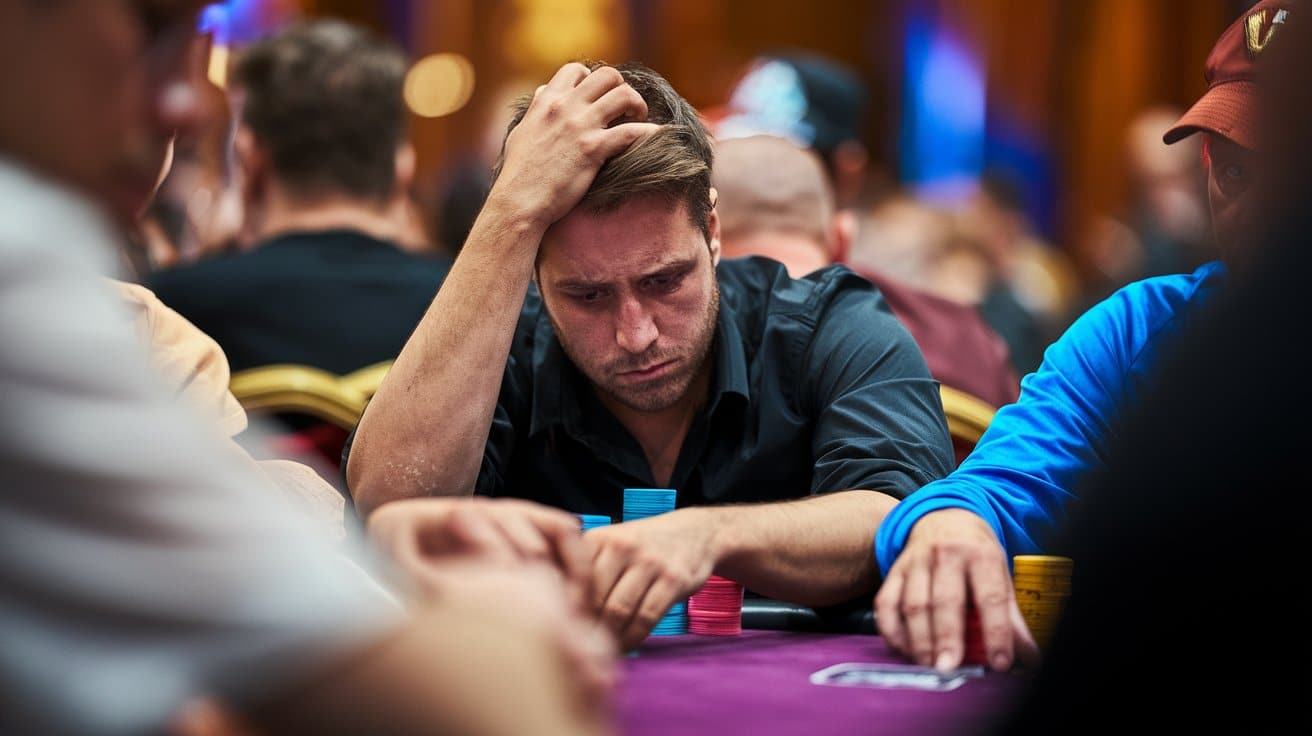Frustrirani igra? poker turnira se drži za glavu dok razmišlja o slede?em potezu.