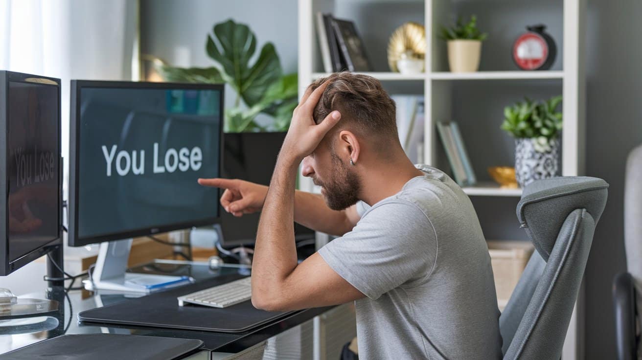 Muškarac u ku?noj kancelariji reaguje razo?arano dok na ekranu piše "You Lose".