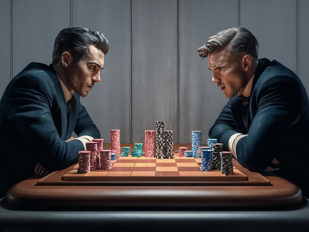 Dva muškarca u elegantnim odelima igraju poker na tabli za šah, gledaju?i se intenzivno preko naslaganih ?ipova.