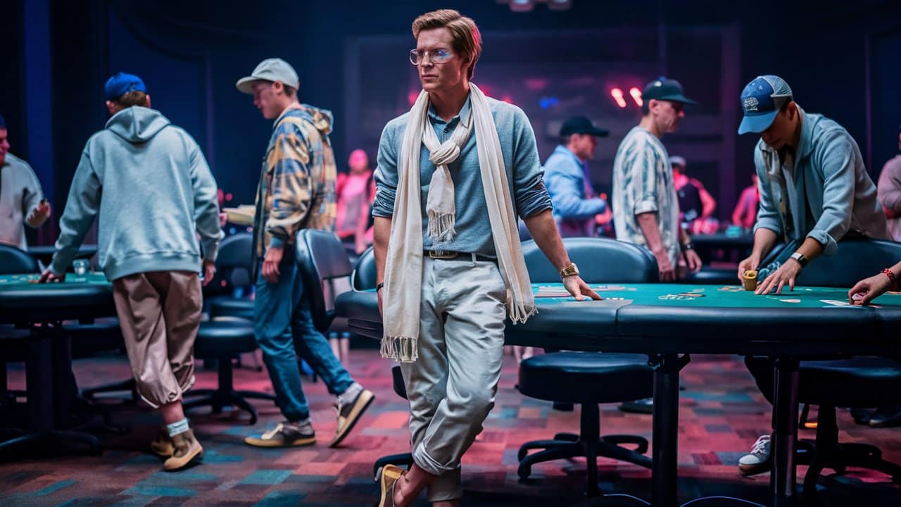 Muškarac u opuštenoj modnoj kombinaciji sa šalom, oslonjen na poker sto u kazinu sa igra?ima u pozadini.