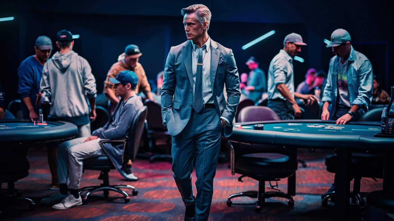 Muškarac u elegantnom sivom odelu hoda kroz kazino, dok drugi igra?i sede za poker stolovima.