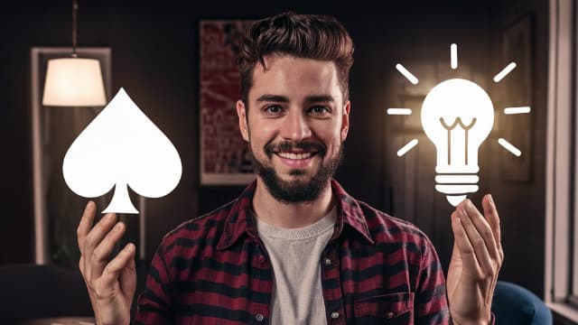 Nasmejan muškarac sa kartom pik i sijalicom iznad ruku, simbolizuju?i kreativne ideje u poker strategiji.