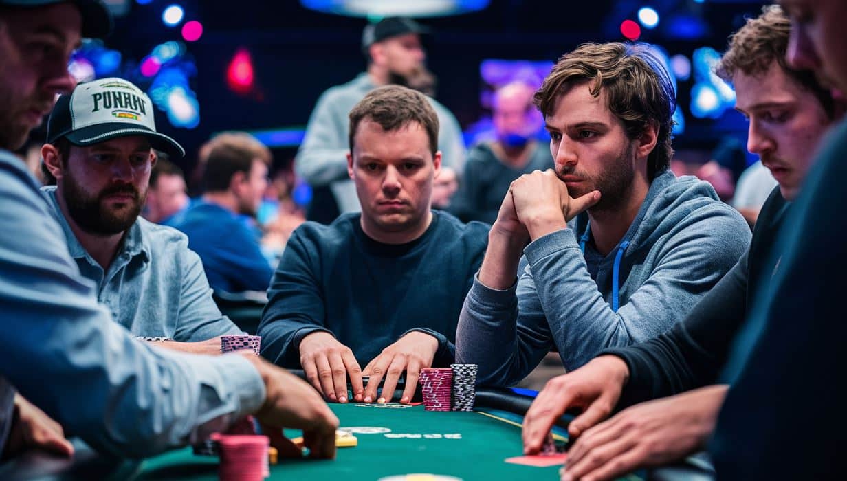 Grupa poker igra?a u ozbiljnoj atmosferi tokom turnira, sa fokusom na mladog muškarca u plavoj dukserici koji razmišlja o slede?em potezu.