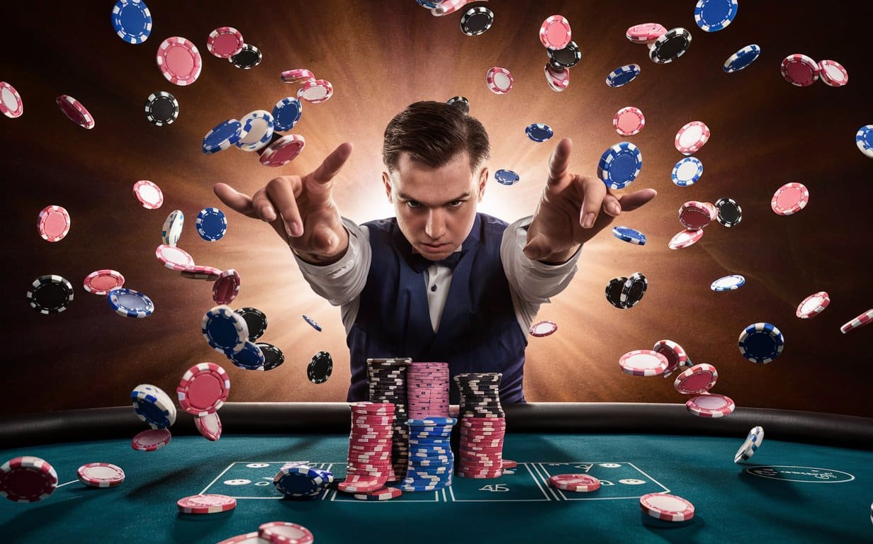 Muškarac u prsluku sa odlu?nim izrazom baca ruke unapred, dok poker ?ipovi lete svuda oko njega u eksplozivnom trenutku pobede.