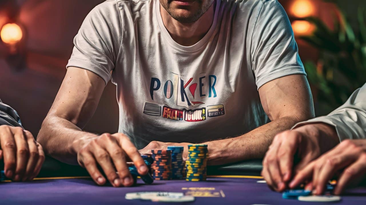 Igra? sa majicom na kojoj piše "POKER" i raznobojnim poker simbolima, dok sortira žetone.