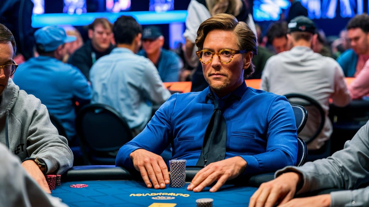 Muškarac u elegantnoj plavoj košulji i kravati sedi ozbiljno za poker stolom tokom turnira.