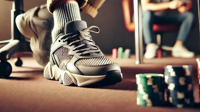 Moderne patike i noge igra?a ispod stola u kazinu, okružene poker ?ipovima.