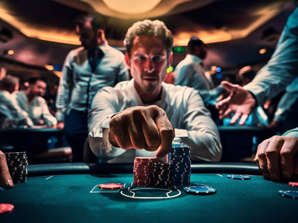 Muškarac u beloj košulji odlu?no povla?i ?ip sa stola, dok se ostali igra?i i publika u pozadini raspravljaju i reaguju.