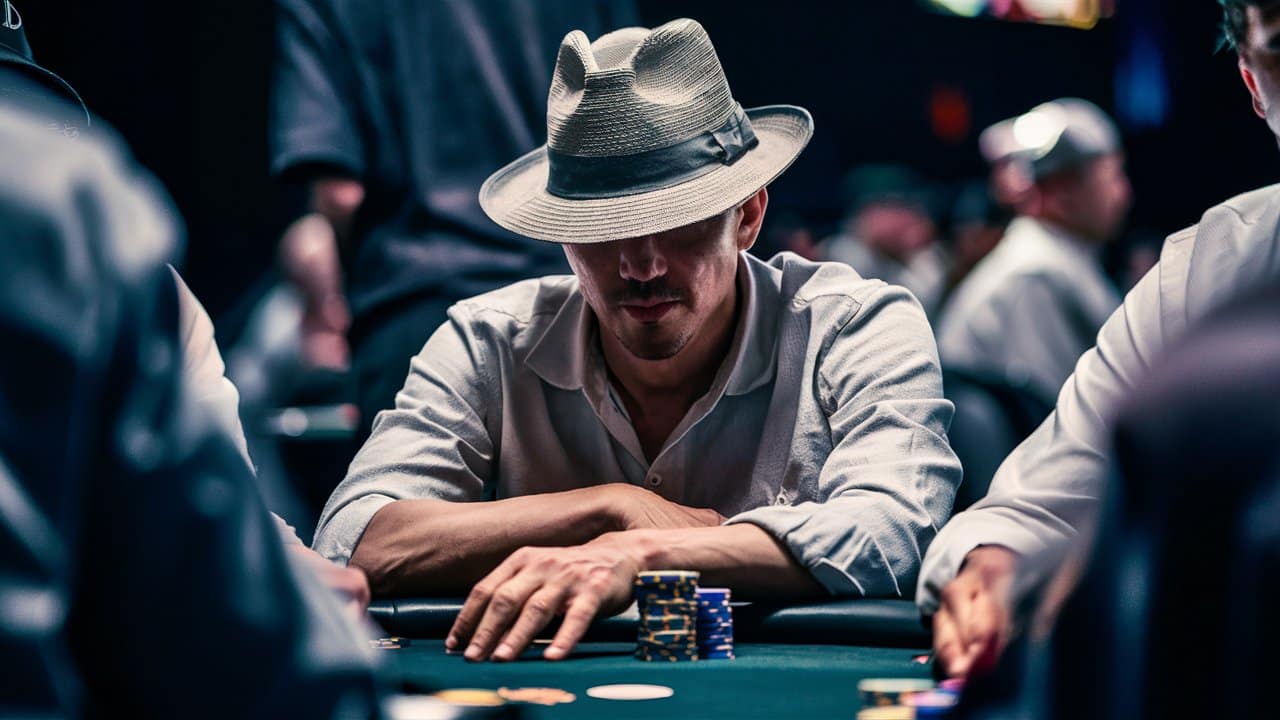 Poker igra? sa šeširom nagnutim preko o?iju, fokusiran na igru za stolom u kazinu.