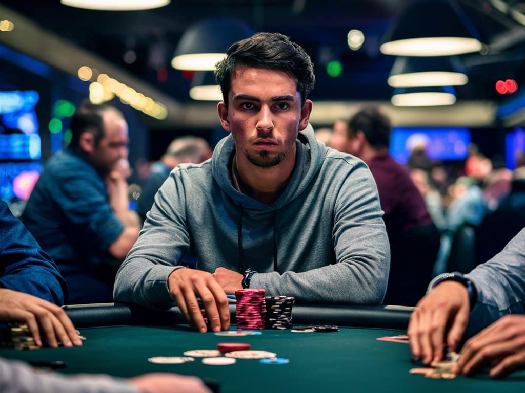 Mladi poker igra? u sivoj dukserici sedi za stolom i direktno gleda u kameru, deluju?i fokusirano i prora?unato.