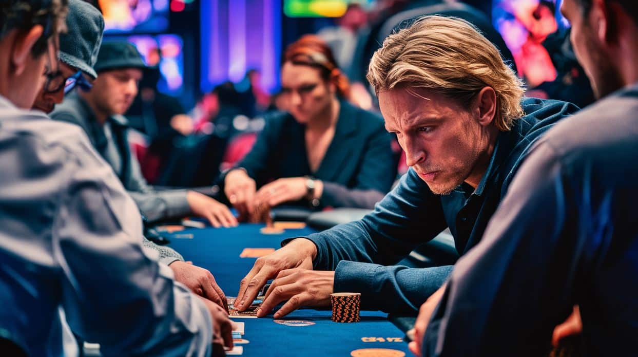 Muškarac u tamnoj košulji igra poker za stolom, potpuno fokusiran na karte, dok su ostali igra?i u pozadini.