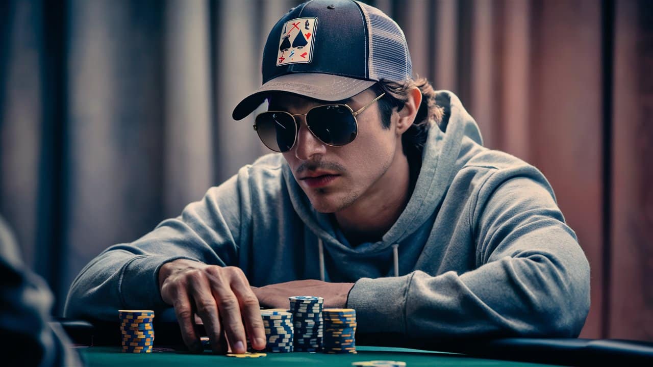 Poker igra? sa ka?ketom i sun?anim nao?arima fokusiran dok sortira ?ipove.