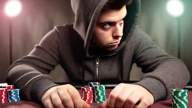 Mladi? u tamnoj dukserici sedi za poker stolom, sa ozbiljnim izrazom lica i rukama na ?ipovima.