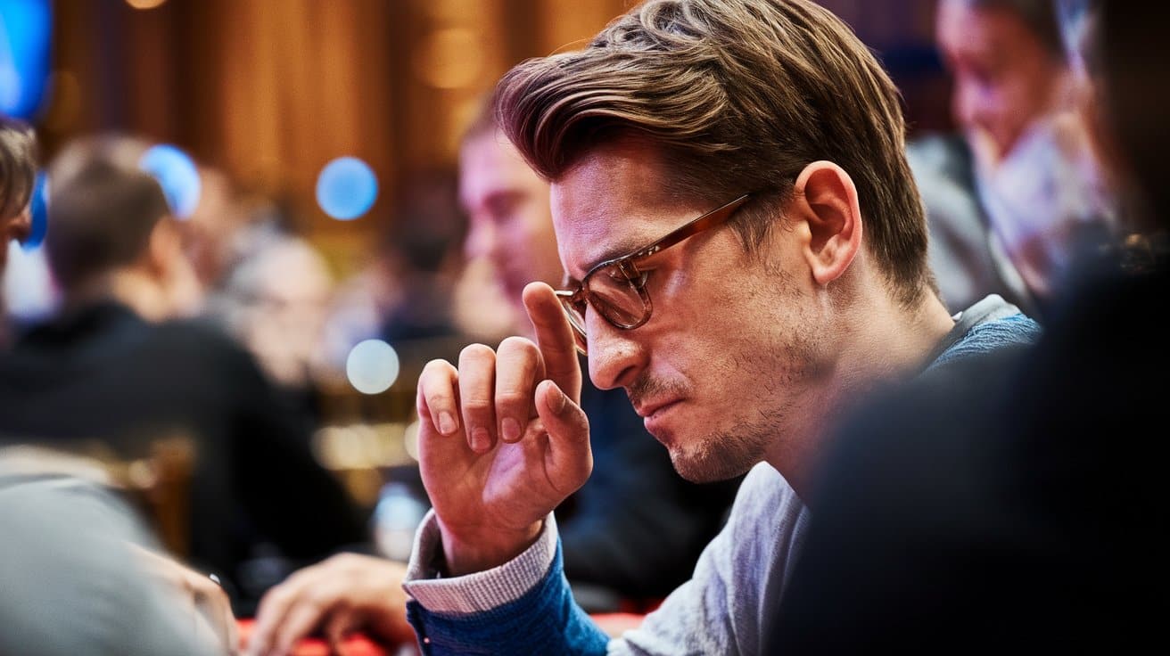Mladi? sa nao?arima duboko zamišljen tokom poker partije, sa rukom uz lice.