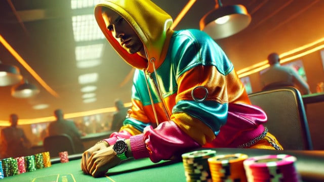 Poker igra? u upadljivoj, šarenoj dukserici fokusirano gleda ispred sebe dok sedi za stolom.