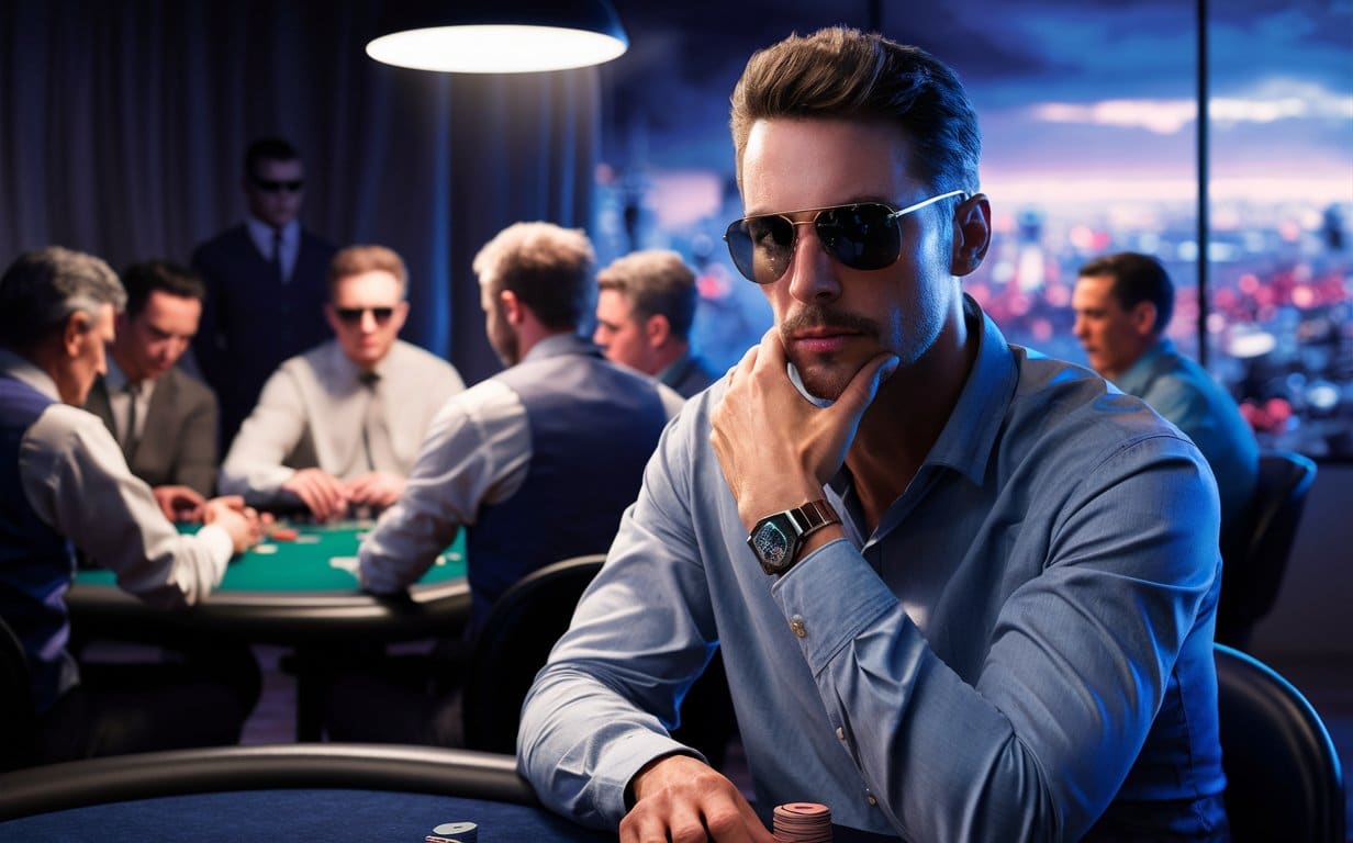 Poker igra? sa nao?arima i satom naslonjen na ruku, razmišlja o svom potezu dok ostali igra?i sede za stolom u zamu?enoj pozadini.