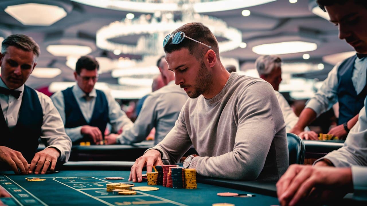 Mladi? u sivoj majici pažljivo igra poker na velikom turniru sa mnogo u?esnika