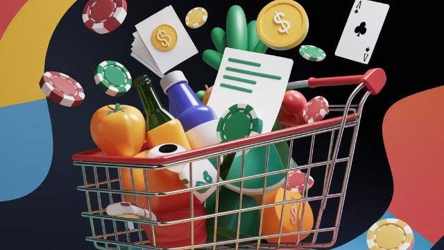 Korpa za kupovinu puna hrane, nov?anih dokumenata i poker žetona, sa lete?im nov?i?ima i kartama oko nje.