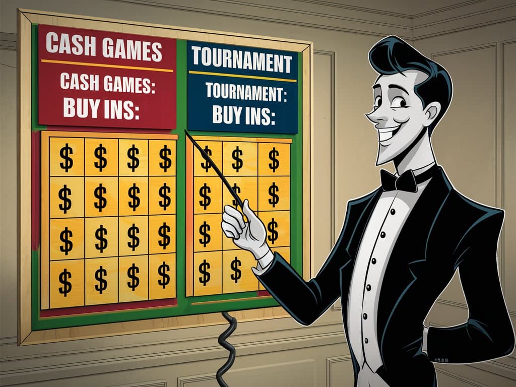 Ilustracija ?oveka u smokingu pokazuje štapom na tablu sa razlikama izme?u keš igara i turnirskih buy-inova.