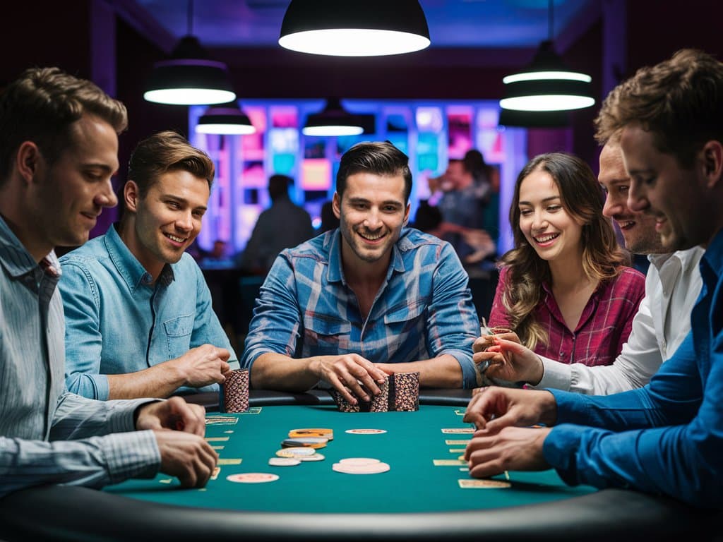 Petorica muškaraca i jedna žena sede za poker stolom u opuštenoj atmosferi, svi nasmejani i uživaju u igri.