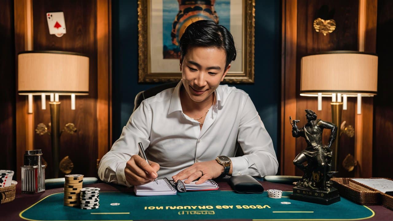 Poker igra? u beloj košulji piše beleške za stolom sa ?ipovima i figuricom